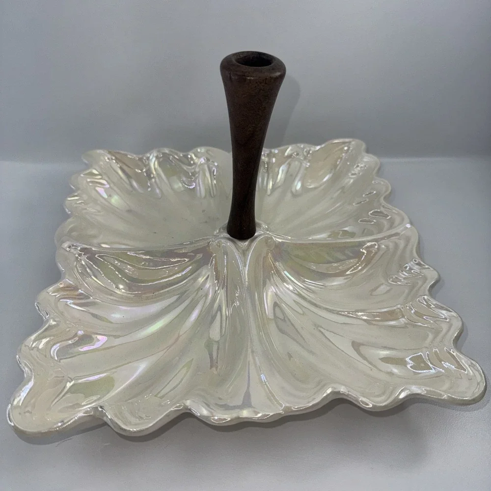 Vintage Maddux Ceramic Tidbit Tray: Iridescent with Wood Centerpiece MCM